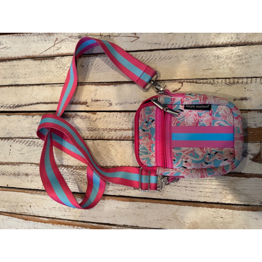 Simply Southern Flamingo Print Crossbody Bag Pink Blue Striped Strap